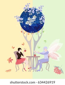 Tea party on the border of summer and autumn, on the border of real and magic world. Beautiful woman and fairy man drink tea under the shadow of magic tree.