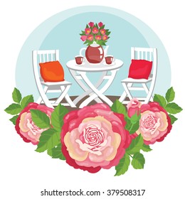 Tea Party On Patio. Blooming Roses And White Furniture. Vector Illustration