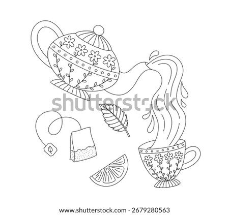 Tea party outline illustration for coloring page. Black and white contour vector illustration. Coloring book for children