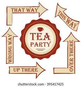 Tea party package. vector set signpost with sticker. set to decorate wedding or birthday party in style Alice in Wonderland