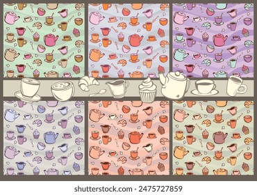 tea party pattern, colorful, cookware, food, vector