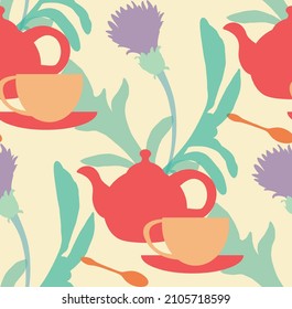 Tea party. Pattern with Cornflowers, teapot, tea bag. Herbal engraved style illustration.