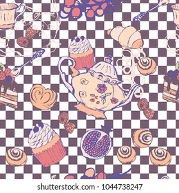 Tea Party  Pattern From a Sketch on violet and white racing and checkered pattern background.