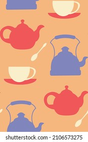Tea party. Pattern with teapot, cup. Herbal engraved style illustration.