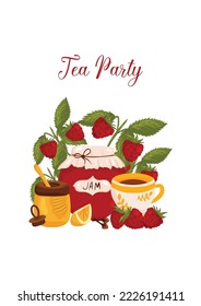 Tea party postcard with jam jar, strawberries, tea, honey and lemon. Vector illustration isolated on white background, cartoon style