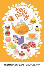 Afiche de un té con composición de tetera, té, pastelitos, tarta, macarons, bocadillos de té, tortillas de fruta, rollo de bisquit de fruta. Fondo de té alto. Ilustración vectorial, invitación, portada