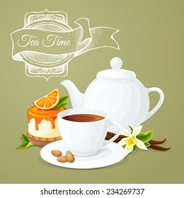 Tea party poster with cup pot orange dessert and badge vector illustration.