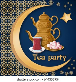 Tea party poster template in turkish traditional style with antique dishes, teapot, tea glass on arabic oriental ornament and moon and star background. Cartoon vector illustration.