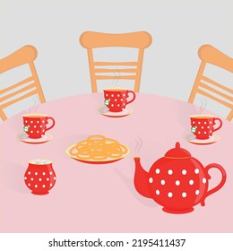 Tea Party. Red Tea Set. Round Table