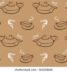 Tea Party. Regular seamless pattern in brown hues. Sketchy teapot and cup. EPS10 vector illustration.
