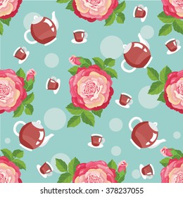 Tea party and roses. Vector seamless background