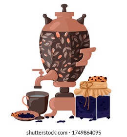 Tea party. The samovar. Currant jam. Currant berries. Water in a mug.