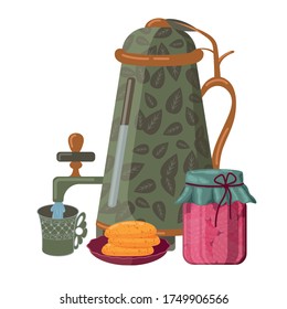 Tea party. A samovar with a leaf pattern. Tea in a mug Pour water. Crimson jam. Biscuits.