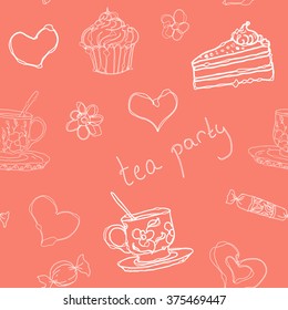 Tea party seamless  doodle vector outline pattern