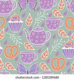 Tea party seamless pattern. Cute background with butterflies, leaves, teapots, tea cups.