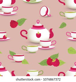 Tea party seamless pattern with fresh raspberry