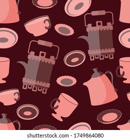 Té de fiesta. Patrón sin foco. Ketles, tazas, platos. Fondo de Borgoña. ilustración vectorial 