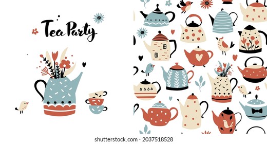 Tea party seamless pattern and print with teapots, cups, flowers, and birds