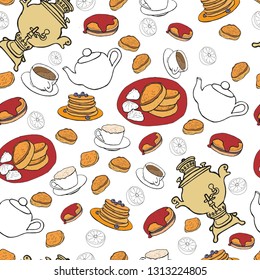 Tea party, seamless pattern. Samovar, pancakes, pancake, tea, coffee, lemon. Isolated objects on white. For menu design, restaurant, cafe, pancake, packaging.