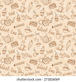 tea party seamless vintage color pattern doodle vector illustration