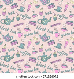 tea party seamless vintage color pattern doodle vector illustration