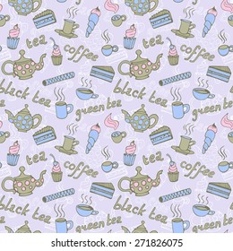 tea party seamless vintage color pattern doodle vector illustration