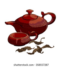 Tea party served: ceramic teapot and cup with some dry tea leaves. Painted sketch. EPS10 vector illustration.