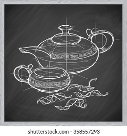 Tea party served: ceramic teapot and cup with some dry tea leaves.Sketch imitating chalk drawing on a blackboard. Sketch is isolated on a separate layer. EPS10 vector illustration.