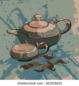 Tea party served: ceramic teapot and cup with some dry tea leaves.
 Sketch imitating ink pen drawing with a grunge background on a separate layer. EPS10 vector illustration.