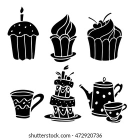 Tea Party Set. Cup, Teapot, Cake, Candle. Cartoon Black Hand Drawn Isolated On White Background
