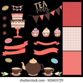 Tea party set with cute sweet elements. Vector illustration