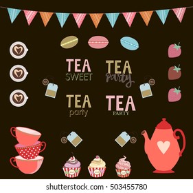 Tea party set with cute sweet elements. Vector illustration