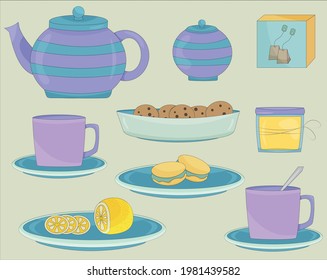 tea party. a set of dishes and sweets. vector.
