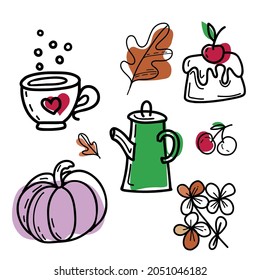 Tea party set in doodle style with multicolored spots - cup, teapot, oak leaf, pumpkin, cupcake, cherry, flower. For packaging, textiles, printing, website. Vector eps10
