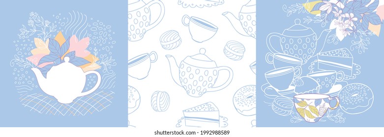 Tea party. set of graphic vector illustrations. Good for advertising, packaging, websites, blogs, social media posts, greeting cards, DIY projects