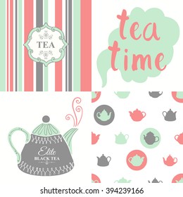 Tea Party Set With Seamless Background And Sketch. Hot Drinks Menu. Vector Illustration With Cups, Teapots And Pattern. Decorative Elements For Your Packing Design. Multicolor Decor.