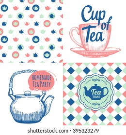 Tea party set with seamless background and sketch. Hot drinks menu. Vector Illustration with cups, teapots and pattern. Decorative elements for your packing design. Multicolor decor.