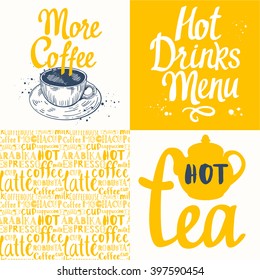 Tea party set with seamless background and sketch. Hot drinks menu. Vector Illustration with cup, teapot and pattern. Decorative elements for your packing design. Multicolor decor.