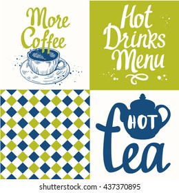 Tea party set with seamless background and sketch. Hot drinks menu. Vector Illustration with cups, teapots and pattern. Decorative elements for your packing design. Multicolor decor.