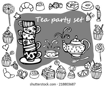 Tea party set with sweets, cupcakes, candies,donuts for your design.