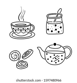 Tea party set - teapot, jar of jam, a cup of hot tea and cookies. Vector image in doodle style. Black drawing on a white background.