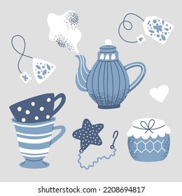 Tea party set. Teapot, tea leaves, mugs, cups, honey and jam. Stylish blue tableware