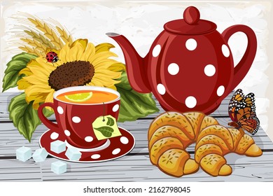 Tea party set in vector illustration.Cup with tea, teapot and croissants on a wooden tabletop in color vector illustration.