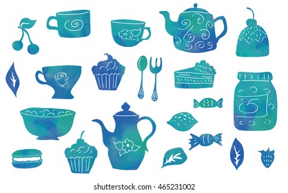 Tea party set - vector silhouette with blue watercolor effect