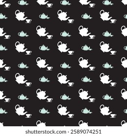 Tea Party Silhouette Stylish Teapot and Teacup. This seamless patten is perfect for tea party themes, beverage packaging, cafe branding, and tea-inspired decor designs