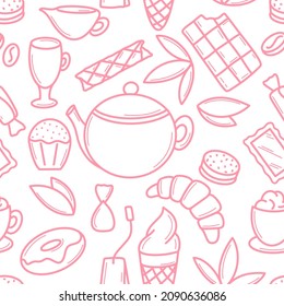 Tea party with sweets seamless pattern in doodle style. Background with pastries, coffee and tea vector illustration. Template with food for wallpaper, packaging, bamagi and design