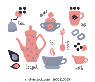 Tea party tableware set isolated on white background. Set in pink-blue tones: teapot, tea bag, spoon, cups, sugar bowl, sugar. Vector illustration of breakfast attributes with captions to them.