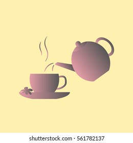 Tea party. Teapot and cup. Vector illustration on a yellow background. Signboard cafe, postcard, banner, label. 