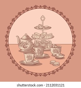 Tea party. A teapot, a sugar bowl, and cups, a cake stand.