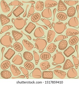 Tea Party. Texture. Color image of cups, teapots, cookies, donuts, slices of cake and croissants. Element for design. Vector illustration.